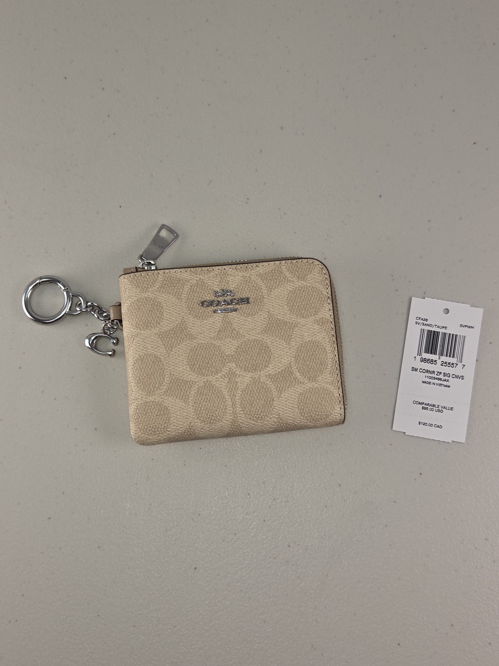 NWT Coach Small Corner Zip Signature Canvas SV/Sand/Taupe W C Keychain